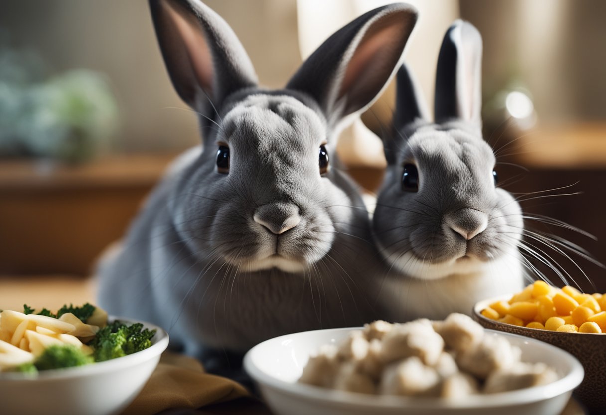 A rabbit and a chinchilla are sitting next to each other, surrounded by bowls of food. The rabbit is cautiously sniffing at the chinchilla food while the chinchilla looks on curiously