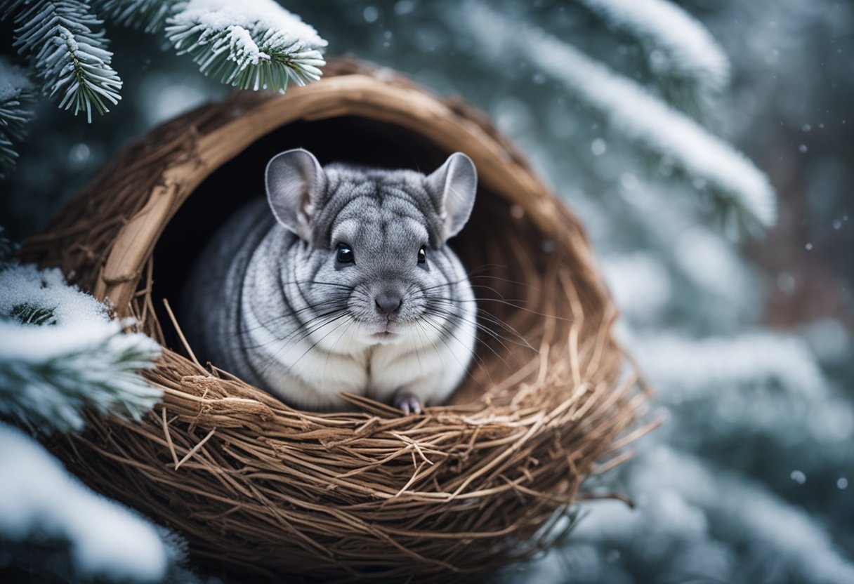 A chinchilla huddled in a cozy nest, surrounded by frosty air and snowflakes falling outside