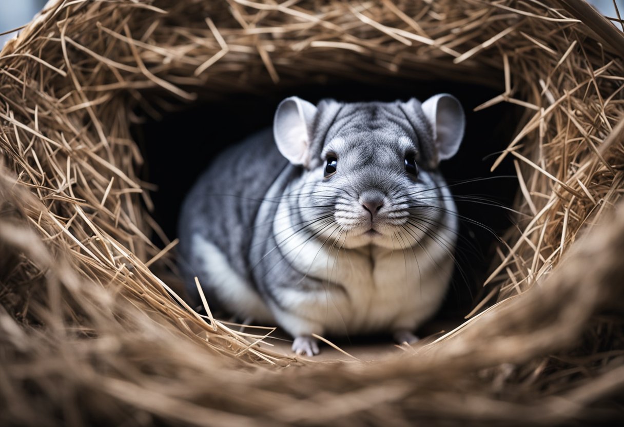 A chinchilla huddled in a cozy, insulated enclosure, with a thermometer displaying an optimal temperature range