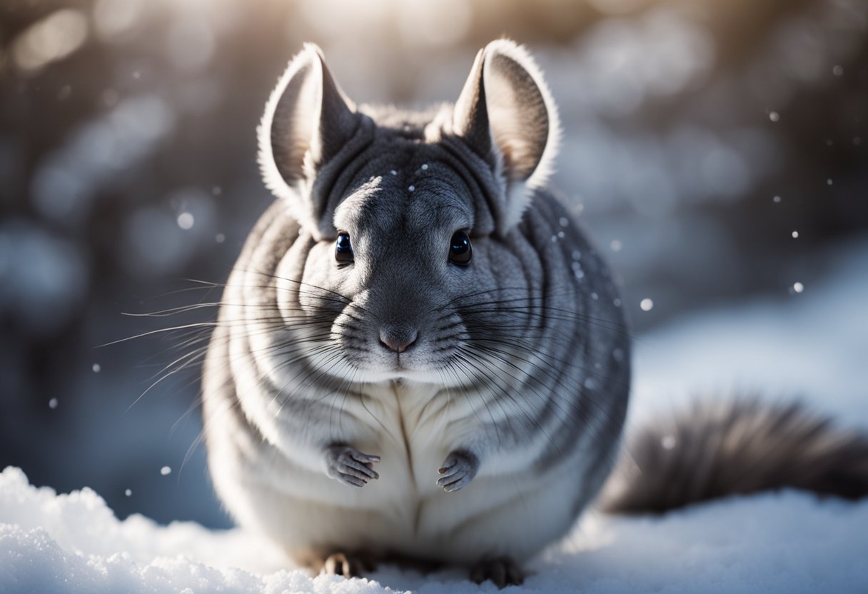 A chinchilla shivering in a freezing cold room, with frost forming on its fur and water freezing in its bottle