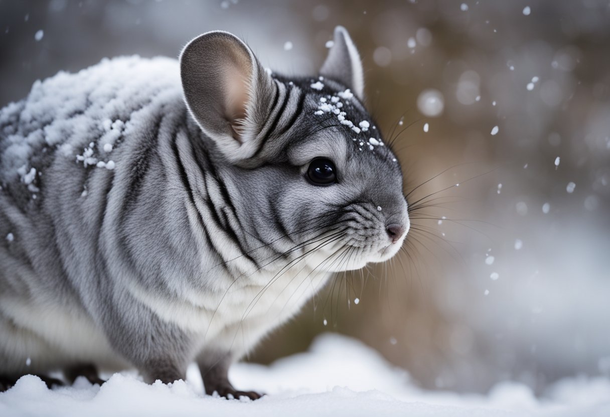 A chinchilla shivering in a snowy landscape, with icicles forming on its fur