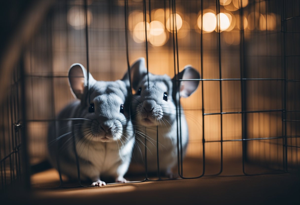 Two chinchillas nuzzling each other affectionately in a cozy, dimly lit cage