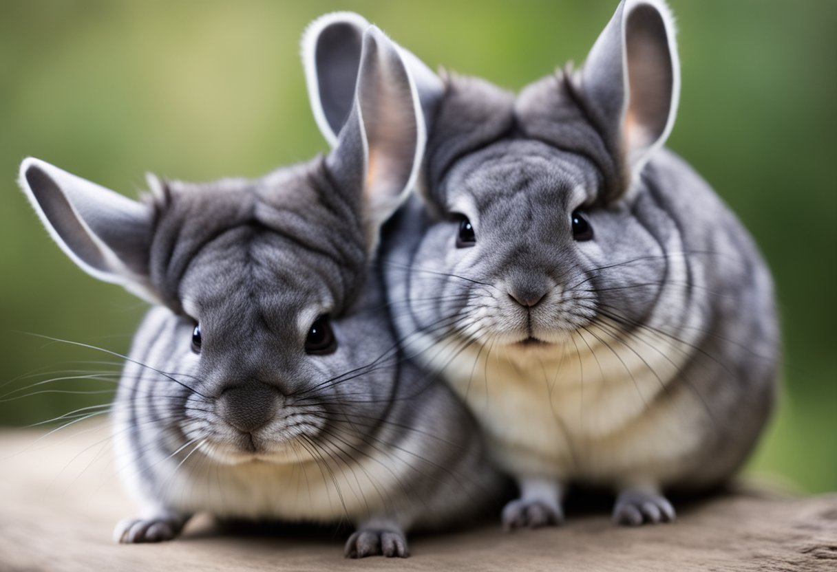 A chinchilla nuzzles against another, their fur fluffed up in contentment, their eyes closed in affection