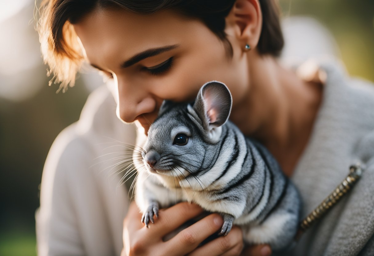 A chinchilla nuzzles against its owner's cheek, showing affection with a soft and gentle touch