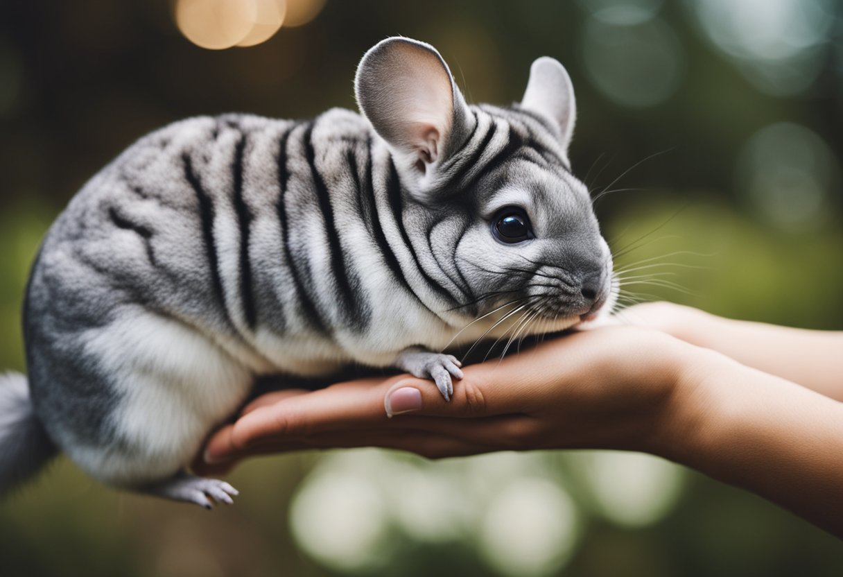 A chinchilla nuzzles against its owner's hand, showing affection