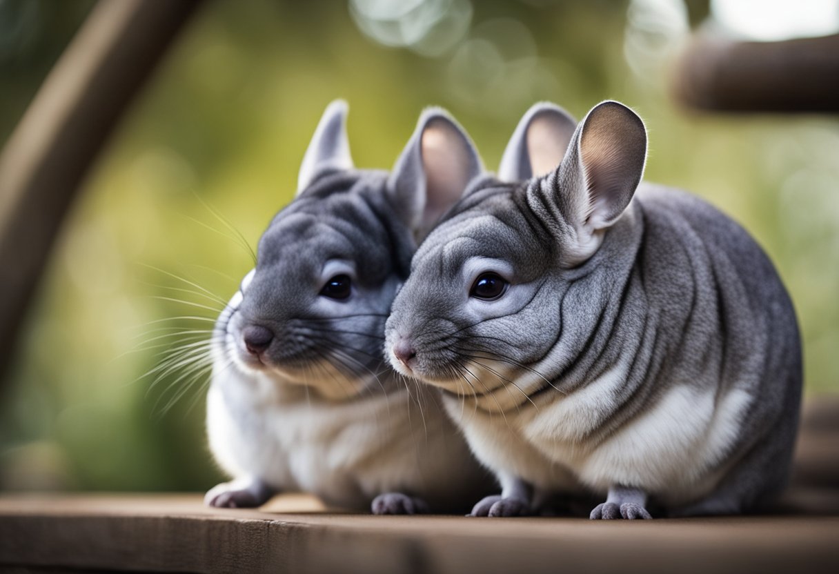 A chinchilla nuzzles another chinchilla's cheek, their eyes closed in contentment