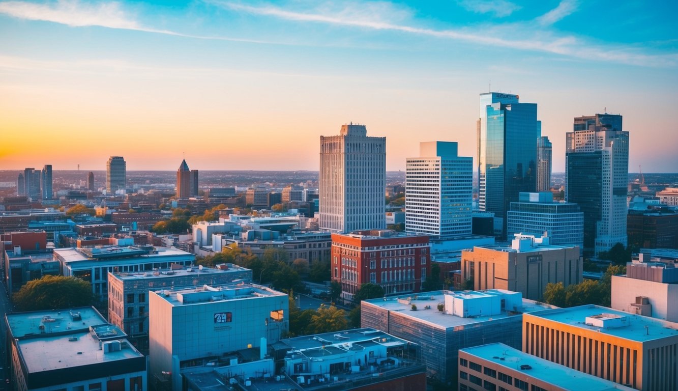 A vibrant, modern cityscape with a mix of old and new buildings, showcasing the evolution of a business through rebranding