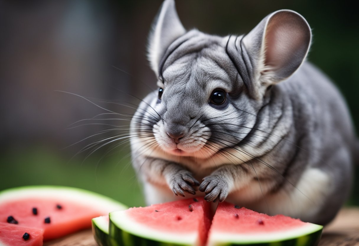 A chinchilla nibbles on a slice of watermelon, its tiny paws holding the juicy fruit as it savors the sweet taste