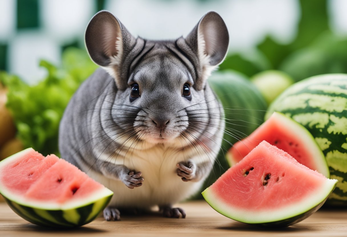 A chinchilla nibbles on a slice of watermelon, surrounded by a variety of fresh fruits and vegetables