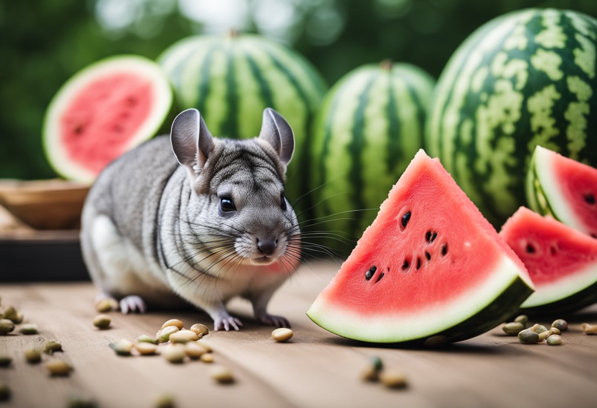 A chinchilla nibbles on a slice of watermelon, surrounded by scattered watermelon seeds and a few whole watermelons in the background