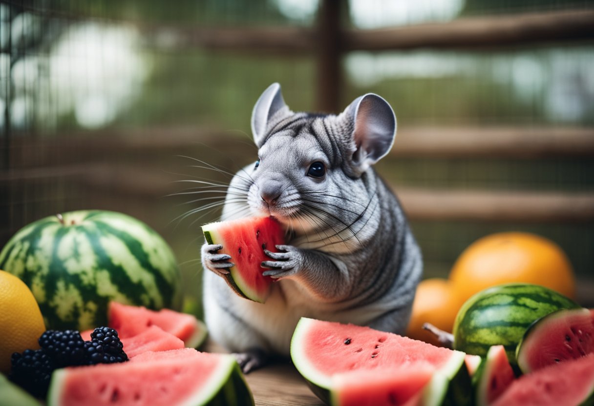 A chinchilla eagerly munches on a slice of watermelon in its cage, surrounded by fresh fruit and a water bottle