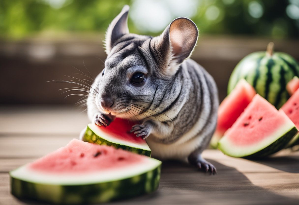 A chinchilla nibbles on a slice of watermelon, its fur showing signs of improvement in health and happiness