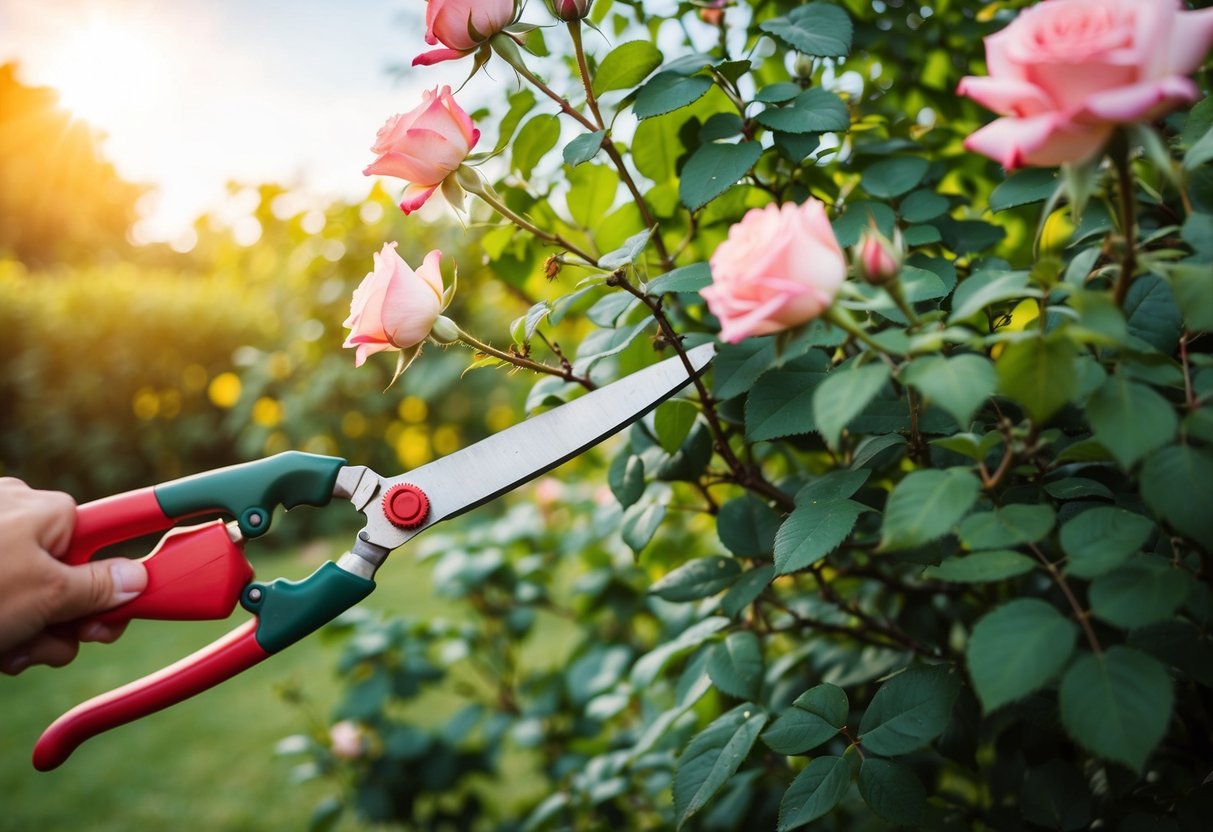 Een paar snoeischaren die overgroeide rozenstruiken terugsnoeien in een zonnige achtertuin