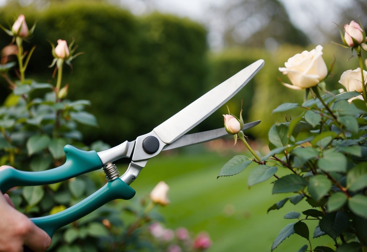 Een paar snoeischaar die overgroeide rozenstruiken terugsnoeien in een keurig onderhouden tuin