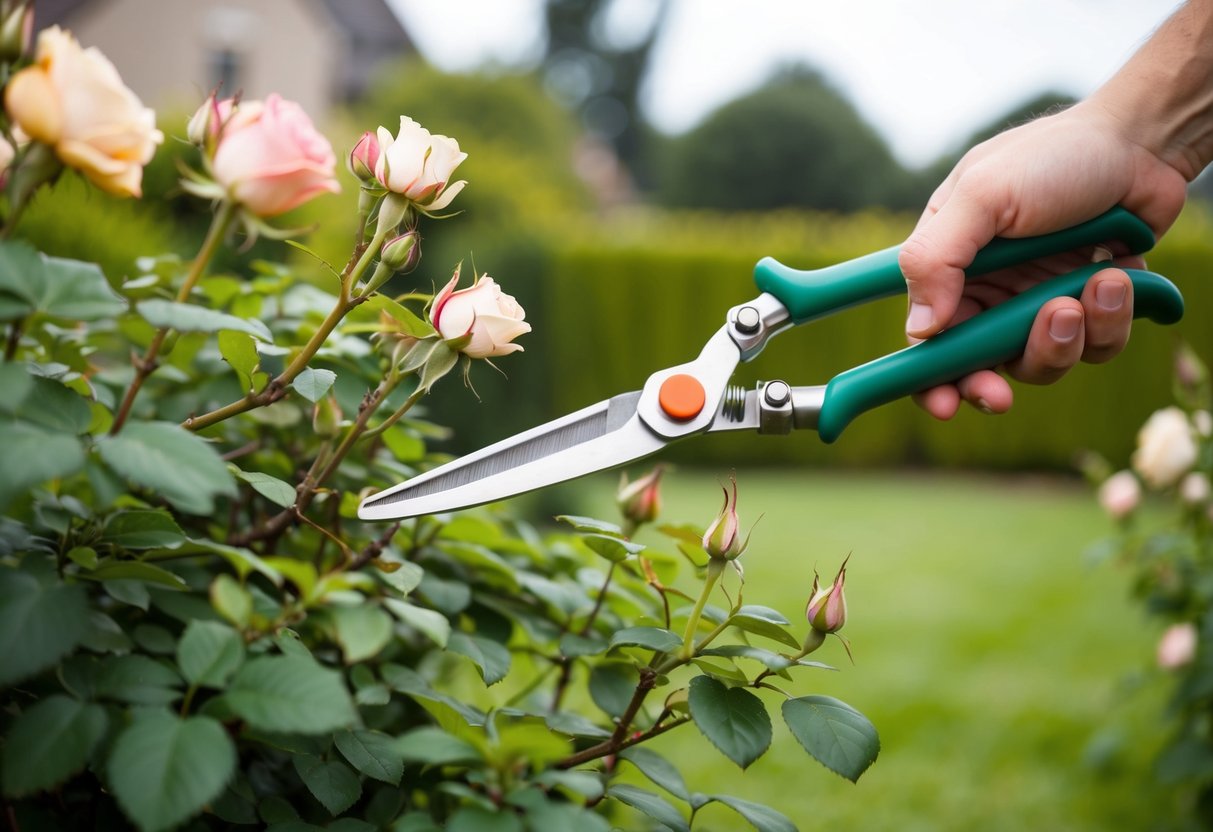 Een paar tuinscharen die zorgvuldig overgroeide rozenstruiken terugsnoeien in een goed onderhouden tuin