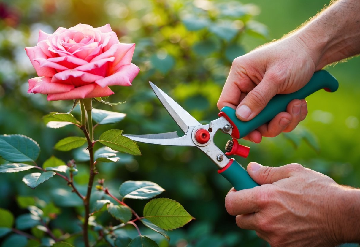 Een beginnende tuinier die een bloeiende rozenstruik snoeit met snoeischaren