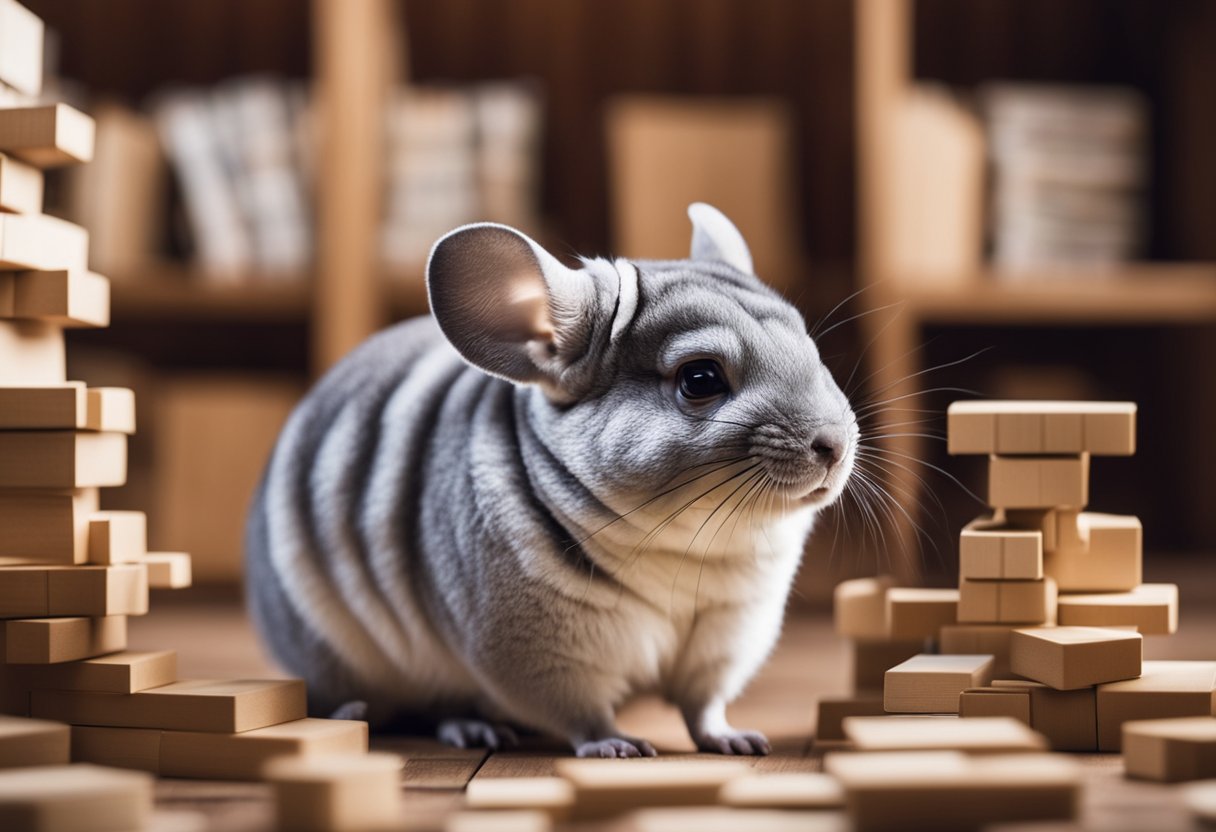 A chinchilla sits in front of a puzzle, arranging shapes to form a complex pattern. Nearby, books on various subjects are stacked neatly