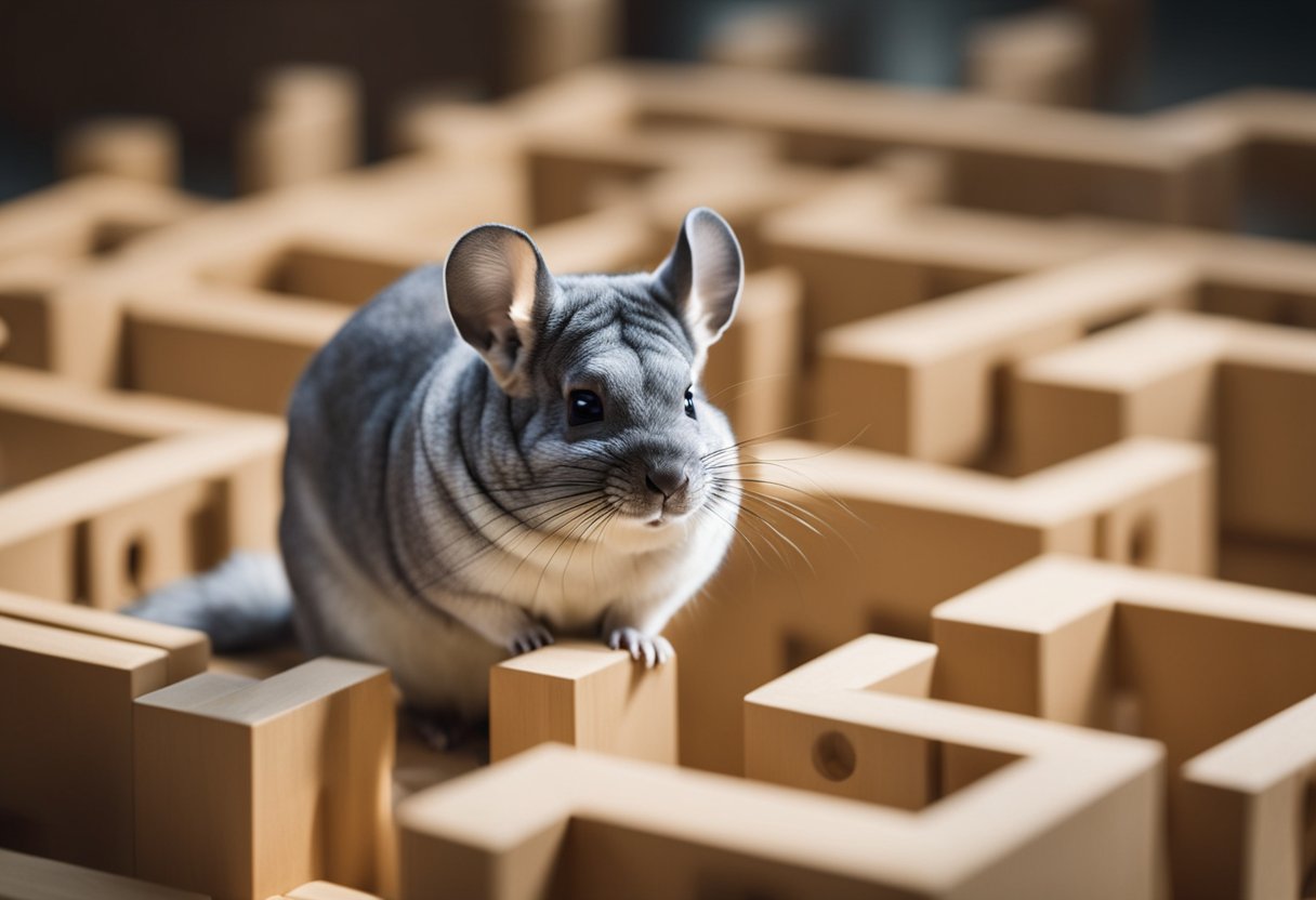 A chinchilla navigating a maze, solving puzzles, and interacting with toys to showcase their intelligence and problem-solving abilities