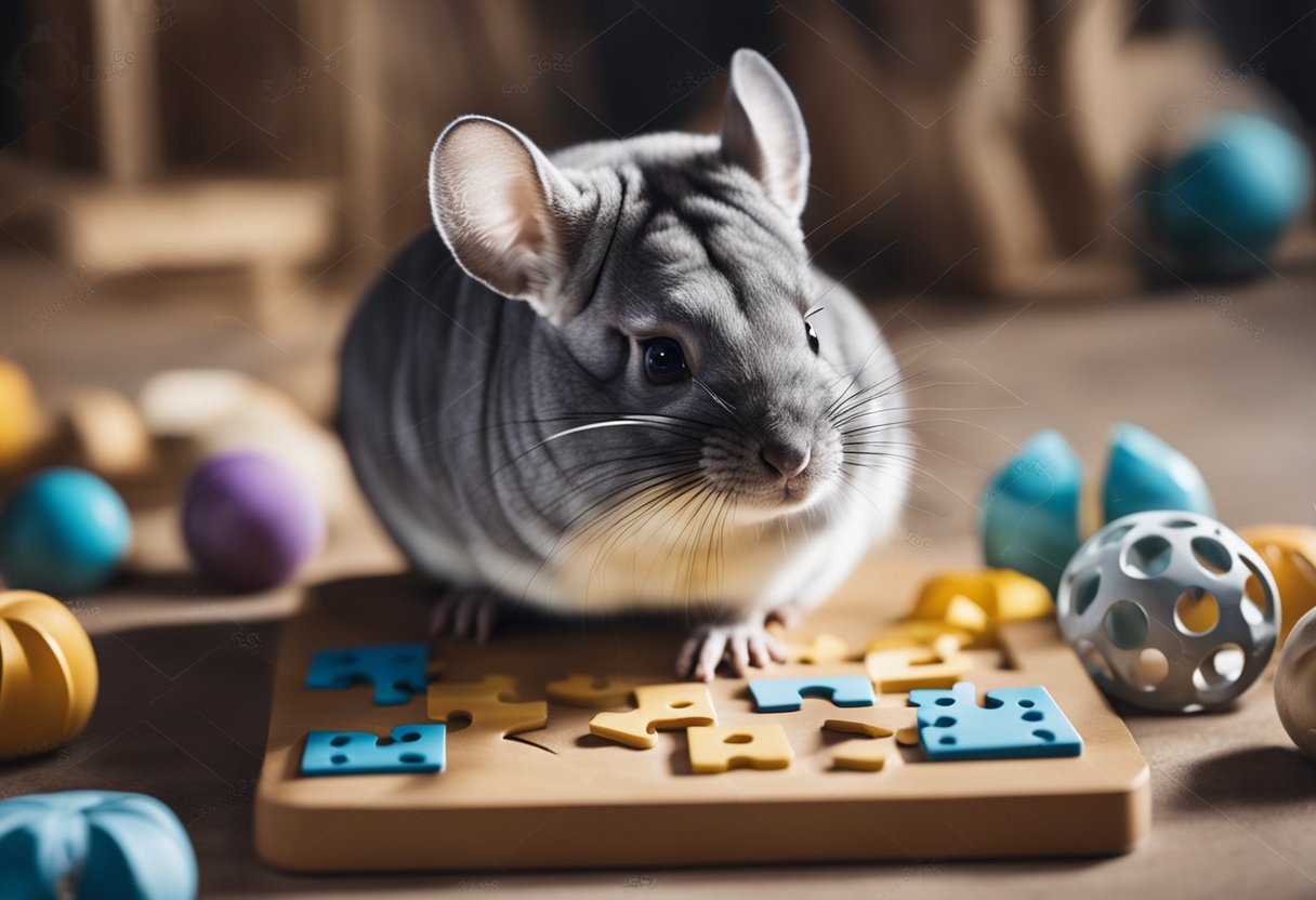 A chinchilla solving a simple puzzle with various objects around it to demonstrate its intelligence