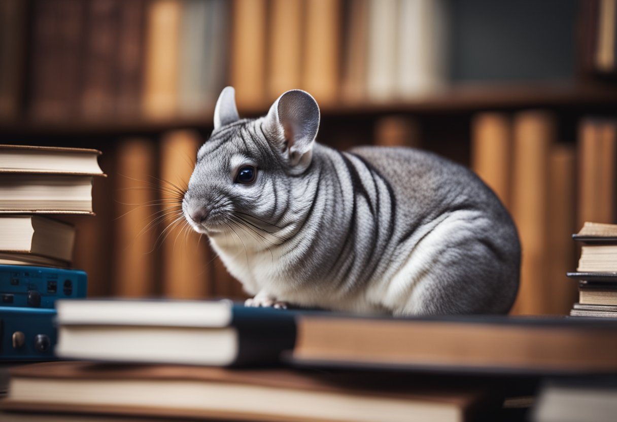 A chinchilla surrounded by books, a computer, and a calculator, appearing thoughtful and intelligent