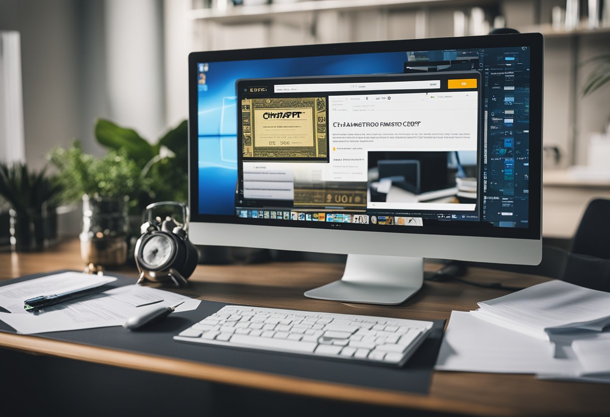 A computer screen with ChatGPT logo, surrounded by documents, money, and a pen