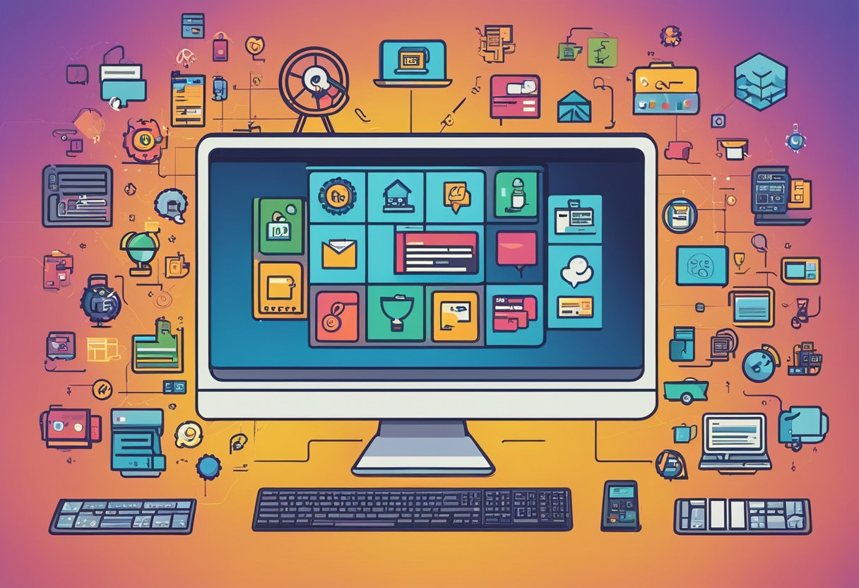 A colorful computer screen surrounded by various icons and symbols representing different ways to make money using ChatGPT