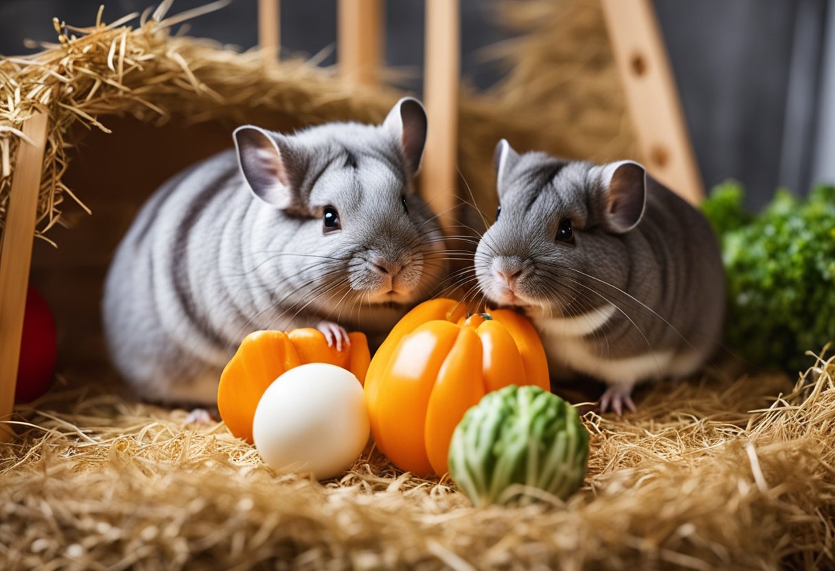 A chinchilla and guinea pig share a cozy, spacious enclosure with plenty of hiding spots and toys. They peacefully munch on hay and veggies together