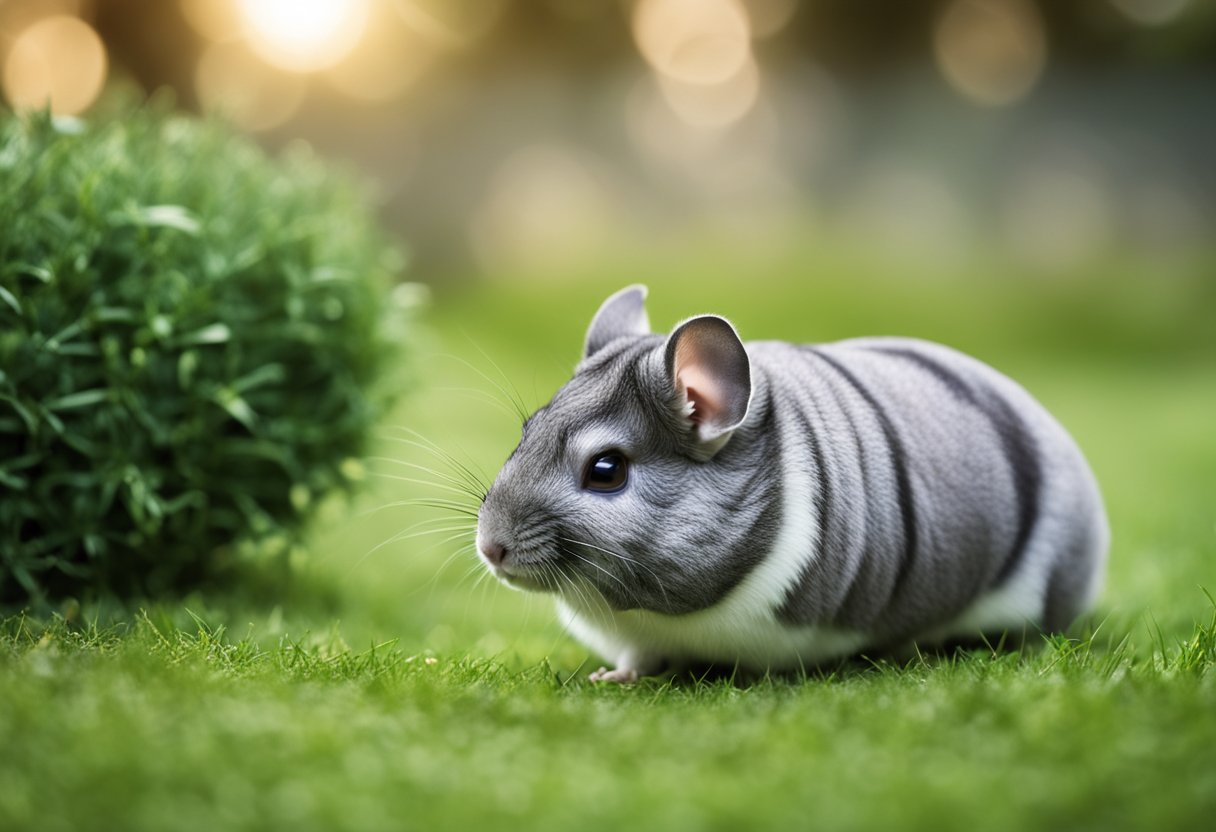 A chinchilla and a guinea pig exploring a spacious, grassy enclosure together, sniffing and interacting curiously