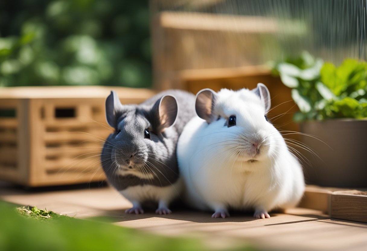 A chinchilla and a guinea pig in a spacious, clean enclosure with separate hiding spots and access to fresh food and water