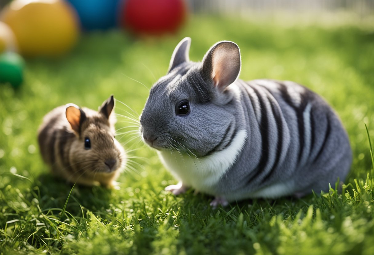 A chinchilla and a guinea pig peacefully coexisting in a spacious, grassy enclosure, surrounded by toys and hiding spots