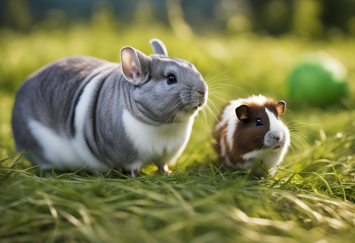 A chinchilla and a guinea pig share a spacious, grassy enclosure with plenty of hiding spots and toys. They peacefully coexist, munching on hay and exploring their shared space