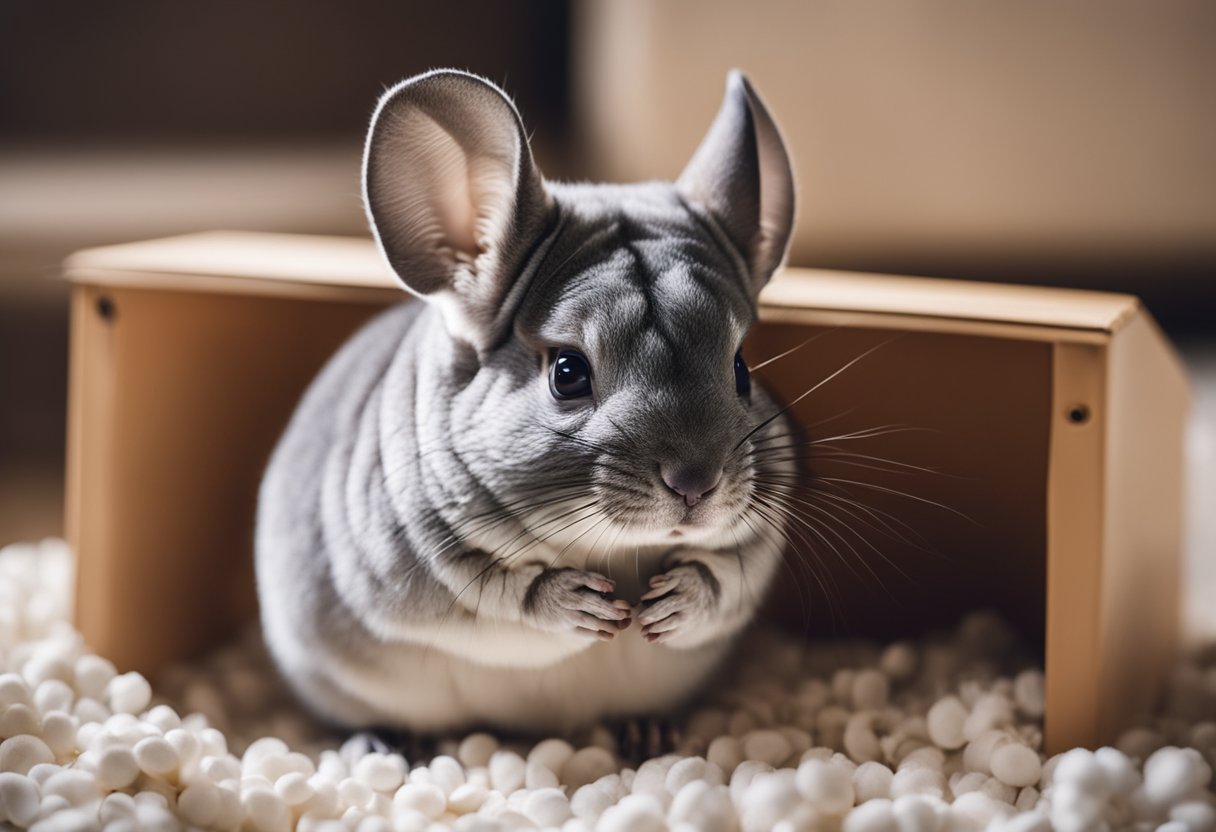 A chinchilla sitting next to a small litter box filled with bedding, with a trail of droppings leading to the box