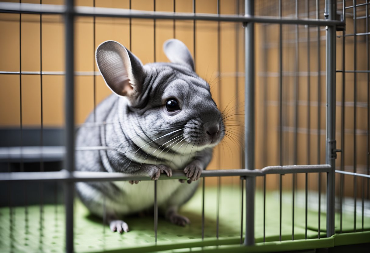 A chinchilla sits in a cage with a small litter box in one corner. The chinchilla is using the litter box, demonstrating that they can indeed be litter box trained