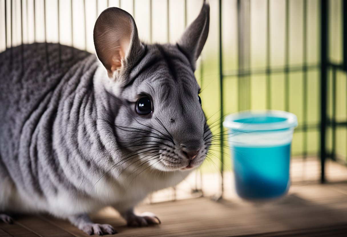 A chinchilla using a litter box filled with absorbent bedding material in a cage with a water bottle and food dish nearby