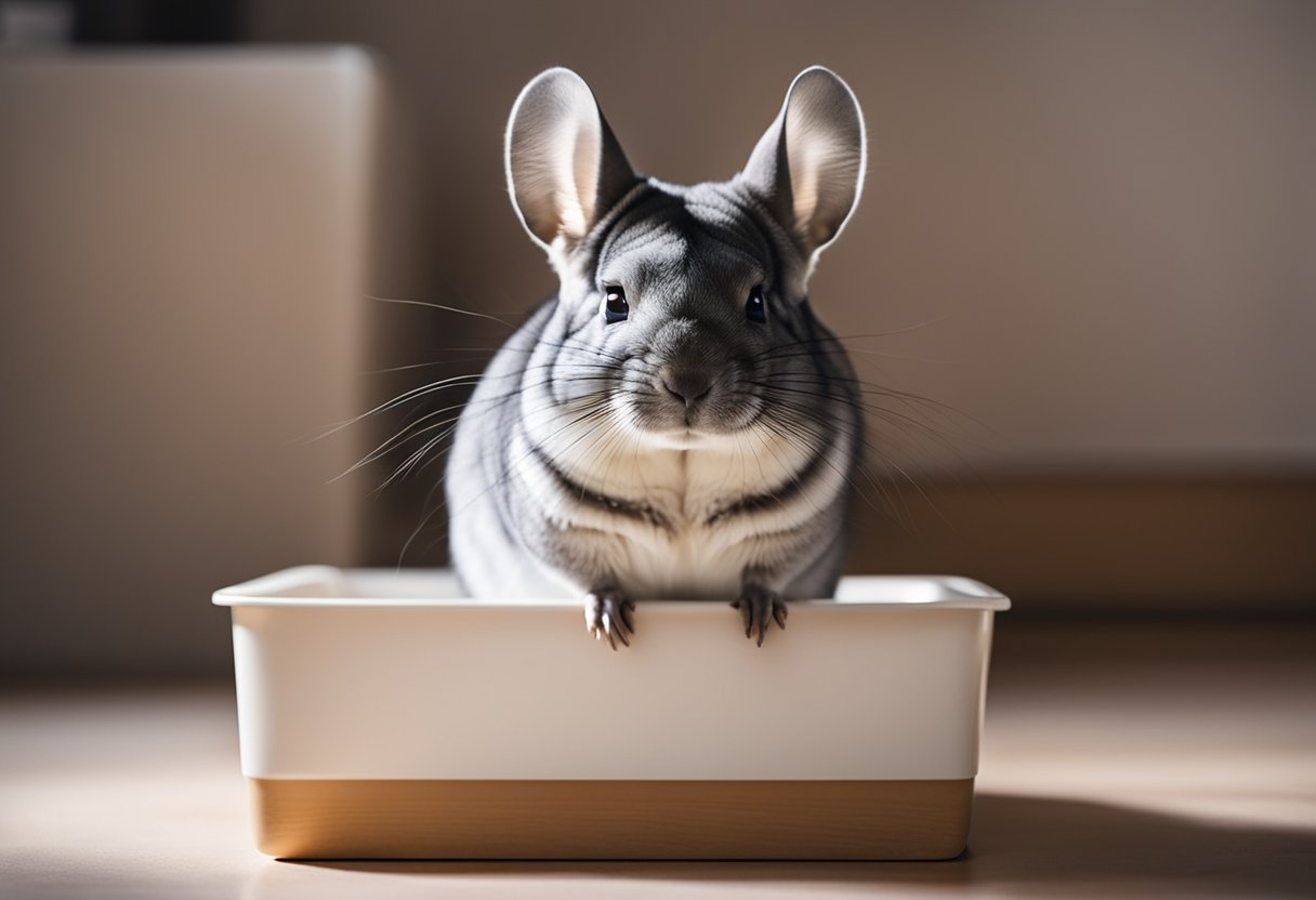 A chinchilla sits beside a small litter box filled with absorbent bedding material. The chinchilla looks content and relaxed, demonstrating successful litter box training