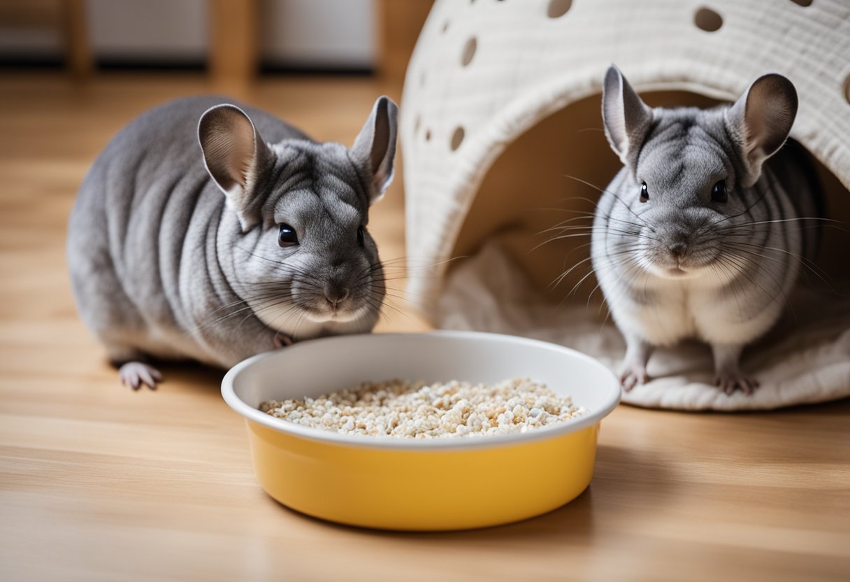 A chinchilla using a litter box with bedding and a food dish nearby