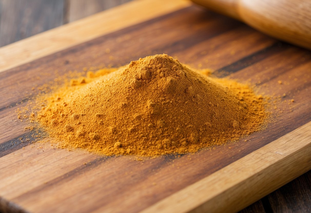 A small pile of cardamon powder sprinkled on a wooden cutting board