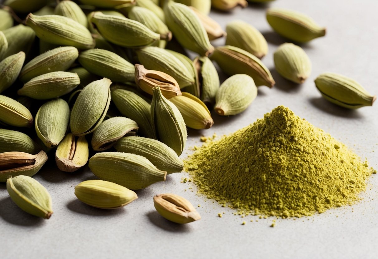 A pile of green cardamom pods, some cracked open, with a small mound of finely ground cardamom powder next to them