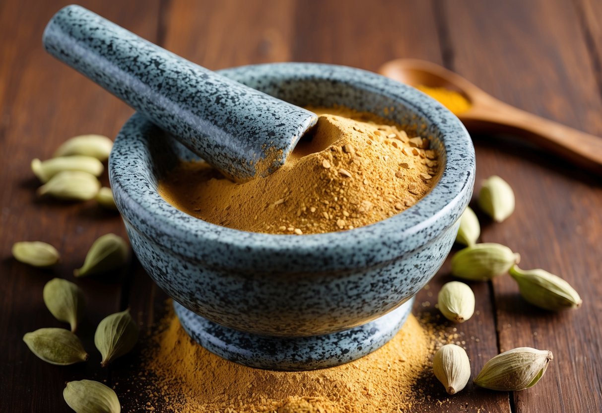 A mortar and pestle grinding cardamom seeds into a fine powder