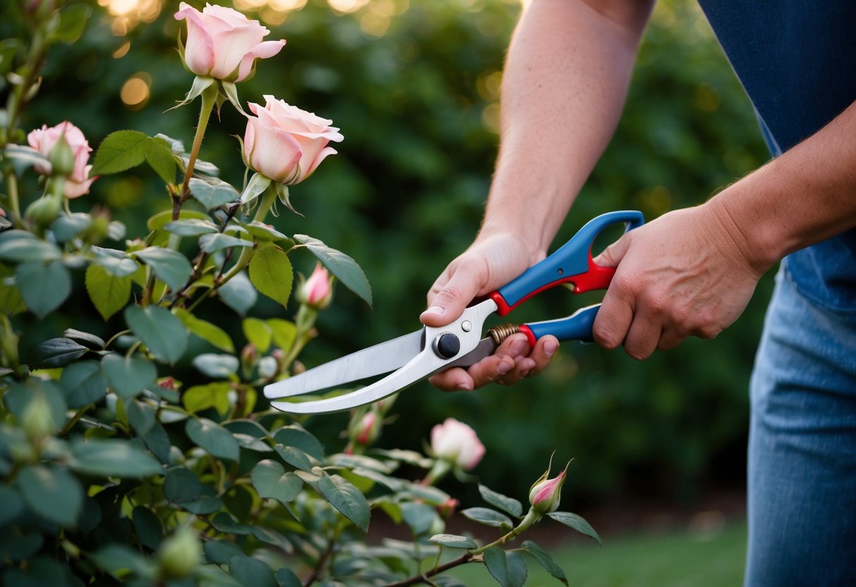 Een persoon die een rozenstruik snoeit met een snoeischaar in een tuin