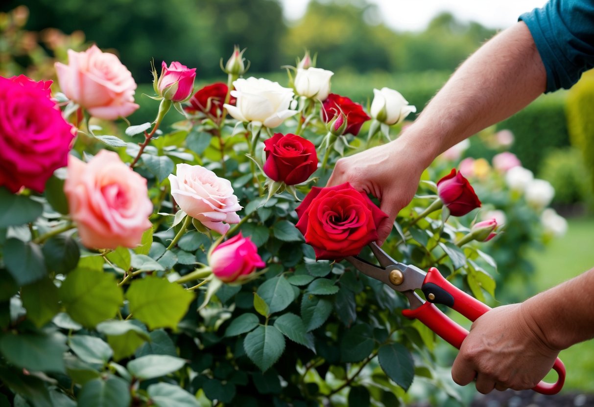 Een verscheidenheid aan rozen wordt gesnoeid met verschillende technieken in een tuinsetting