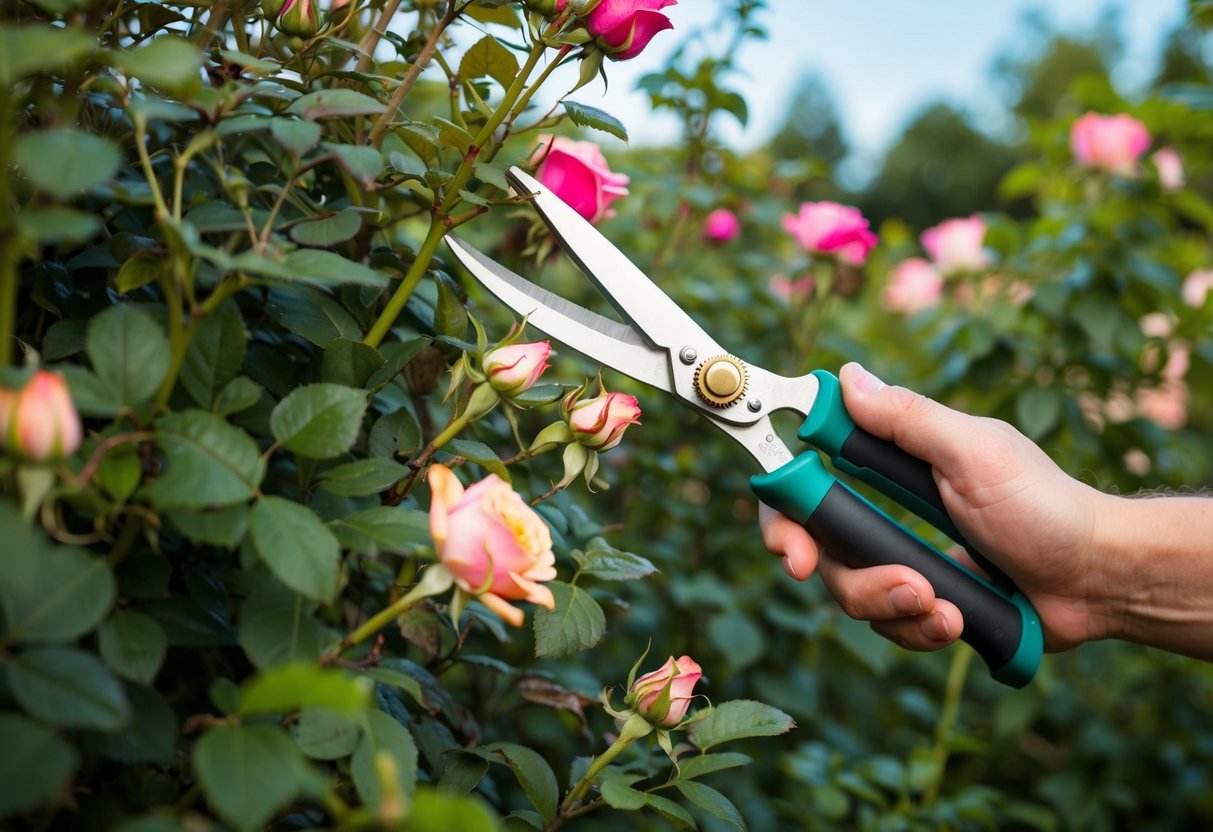 Een paar snoeischaren die door een kluwen van overgroeide rozenstruiken in een tuin snijden