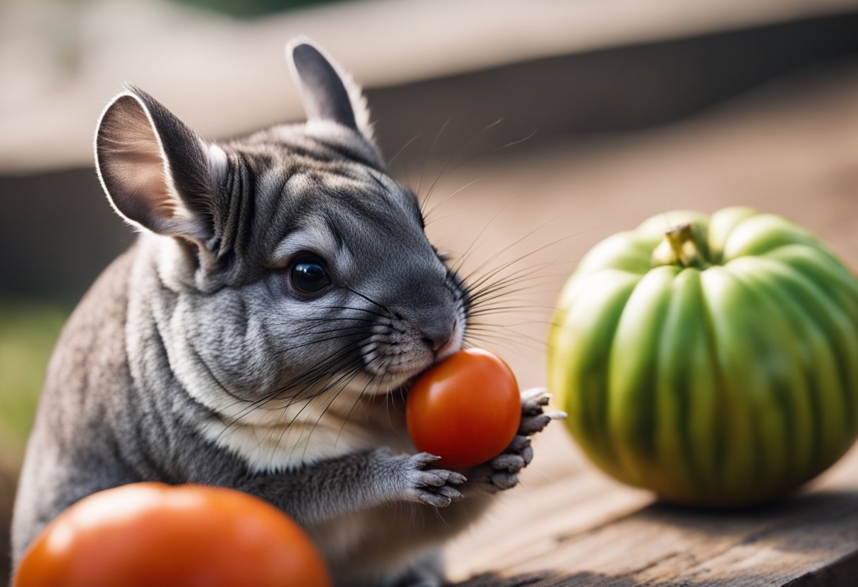 A chinchilla nibbles on a ripe tomato, its small paws holding the fruit steady as it takes a cautious bite