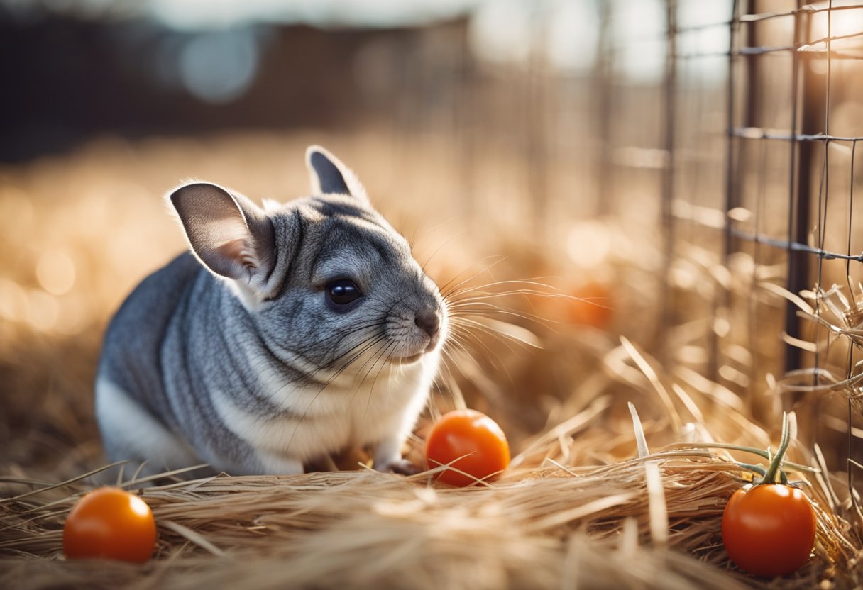 A chinchilla nibbles on a fresh tomato, surrounded by hay and pellets in its cage