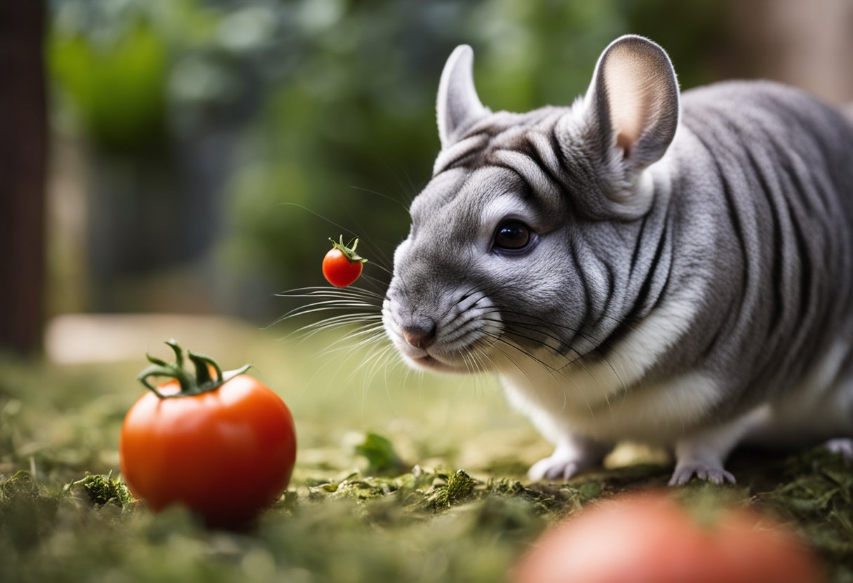 A chinchilla cautiously sniffs a bright red tomato before nibbling on it, with a concerned owner watching in the background