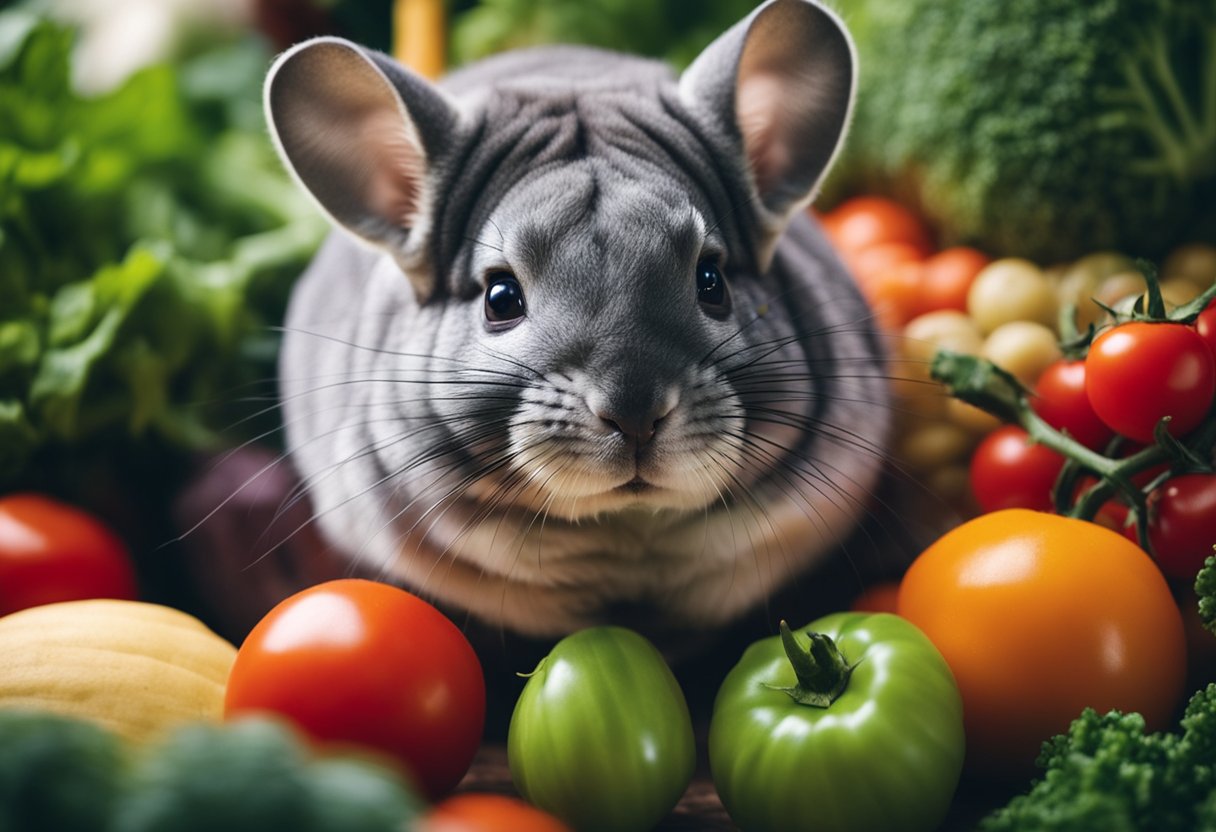 A chinchilla surrounded by various fruits and vegetables, with a focus on a bright red tomato in the foreground