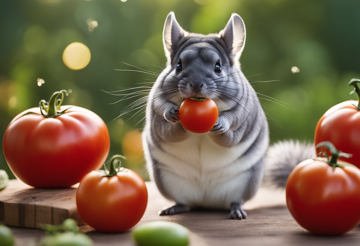 A chinchilla nibbles on a ripe red tomato, surrounded by question marks