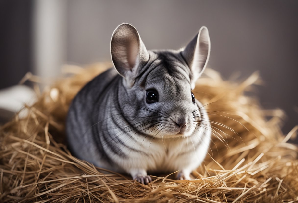 A chinchilla sits on a bed of fluffy hay, nibbling on a small pile of pellets in a cozy, dimly lit cage