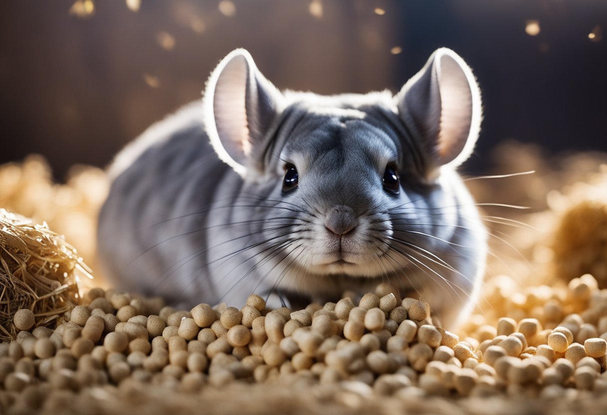 A chinchilla sits on a bed of fluffy hay, nibbling on a small pile of food pellets in a spacious, clean cage with a wheel and various toys