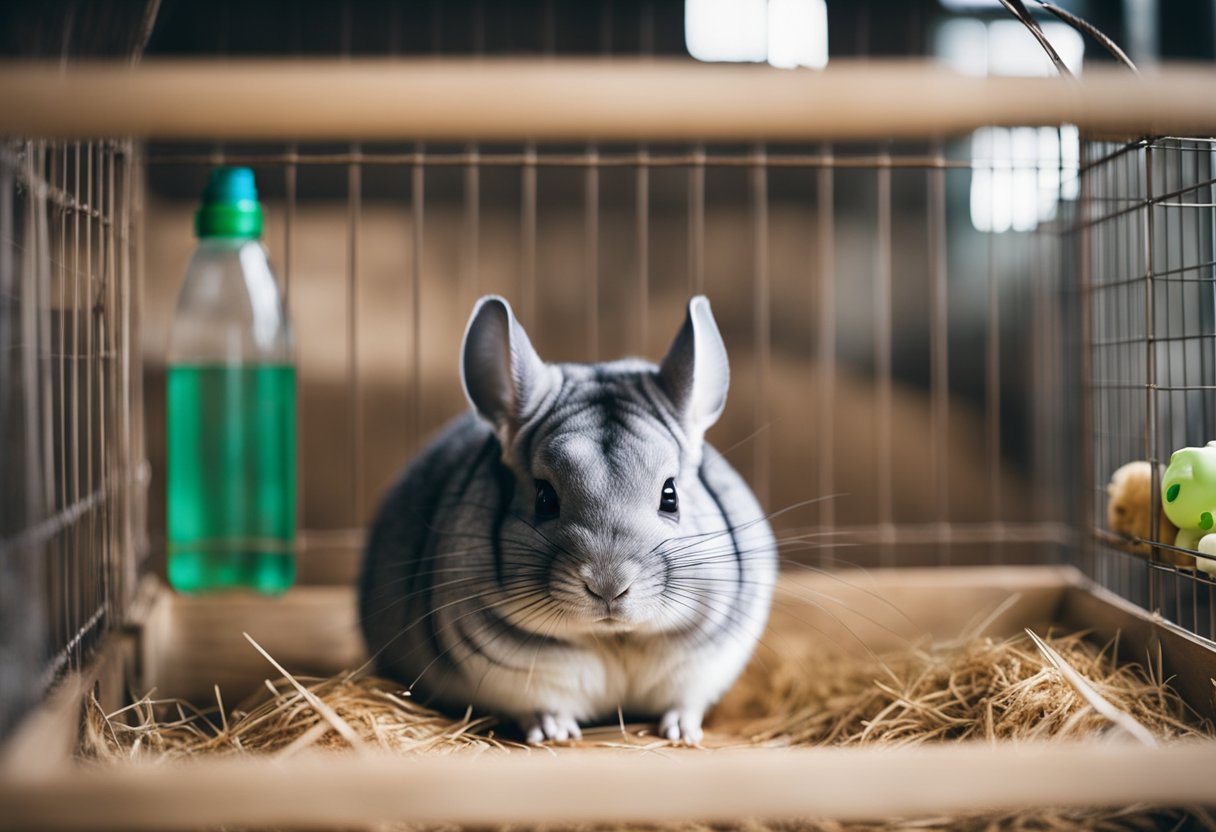 A chinchilla sits in a spacious cage with a water bottle, hay, and a dust bath. The room is well-lit with plenty of toys and a cozy nesting area